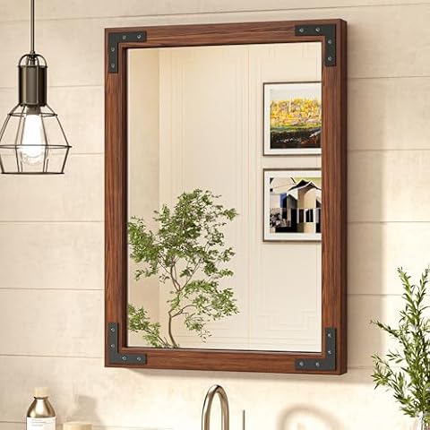 TokeShimi 18x26 Inch Farmhouse Bathroom Mirror Rustic Wooden Framed, Natural Wood with Walnut Accents, Water-Proof, French Cleats Installation, HD-Reflection and Shatter-Proof Glass Cover