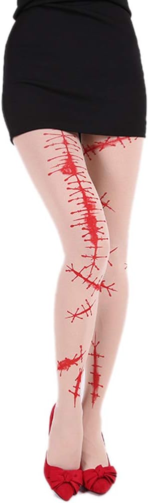 Halloween Horrible Bloody Full Footed Tights Zombie Nurse Costume Horror Stocking for Women Girls Cosplay Party Secret Room Escape