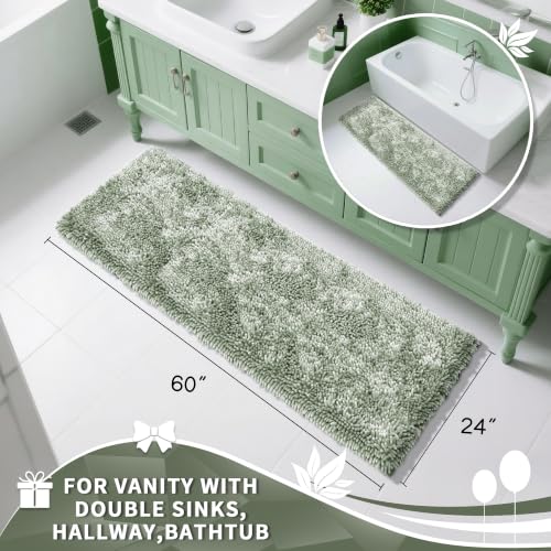 Image of Yimobra Long Bathroom Rugs Runner 60x24 Inch, Extra Thick Soft Absorbent Chenille Bath Mat, Non Slip Machine Washable, Quick Dry Bath Rugs for Bathroom Floor, Tub and Shower, Sage Green