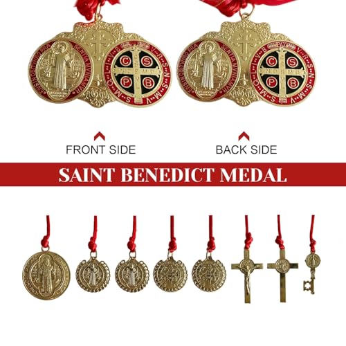 Escapularios Catolicos,2PCS Golden Saint Benedict Medal Protection Blessing Charm, St Benedict Crucifix, Catholic San Benito Medalla Pendant Handmade Jewelry Gift Car Hanging Home Decor (Red)2
