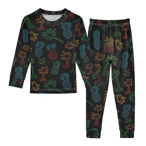 ALAZA Neon Palm Tree Pineapple Black Pajamas Long Sleeve Sleepwear 2-Piece Pajama Set