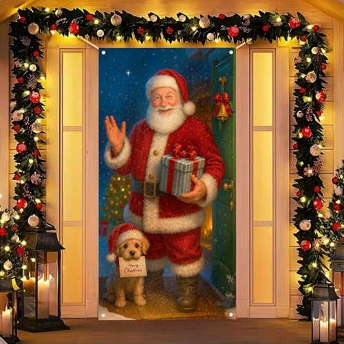 Image of BlissYard Door Cover Christmas Santa Puppy 35x71 Inch Polyester