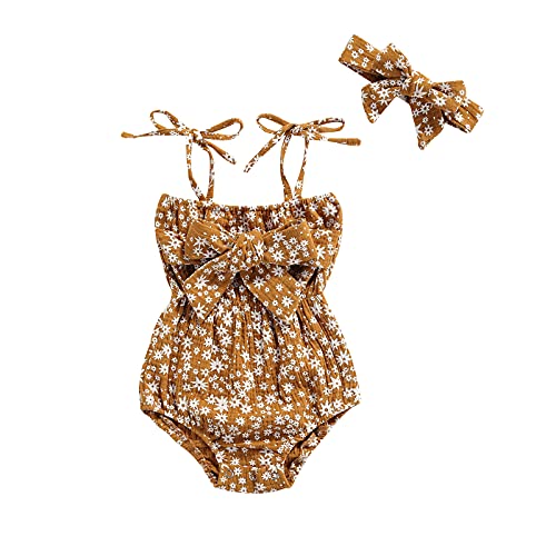 Image of Newborn Baby Girls Romper Jumpsuit Infant Girl Summer Bodysuits Ribbed Short Sleeve One-Piece Headband