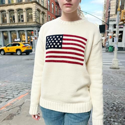 Image of Women's American Flag Sweater Vintage Star Print Long Sleeve Crew Neck Sweater Top 4th of July Knit Top