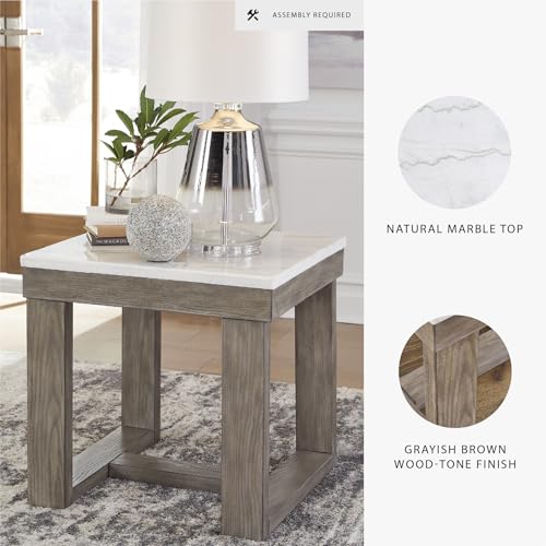 Image of Signature Design by Ashley Loyaska 24-Inch Square Marble End Table, Sturdy Trestle Base, Oak Veneer and MDF Substrate, Ideal for Living Room, Grayish Brown