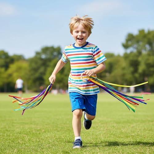 Image of Junkin Ribbon Rings Hand Kite Waldorf Toys Dancing Wrist Ribbons Rainbow Streamers with Wood Ring Educational Toy for Playroom Dancing Birthday Party Gift(Rainbow,48 Pcs)
