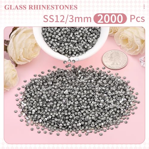 Image of 2000PCS SS12 /3mm Crystal Glass Rhinestones for Bedazzling (Black Diamond) | Flatback Rhinestones for Crafting DIY Nail Art Makeup Decoration, Gems Diomand Charms for Tumbler Shoes Clothing Mug