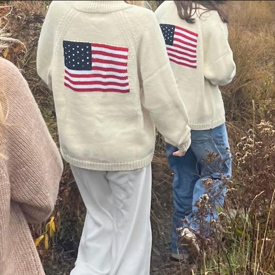 Image of Women American Flag Cardigan Sweaters Y2k Long Sleeve Open Front Button Down Cardigans USA Flag Knitwear