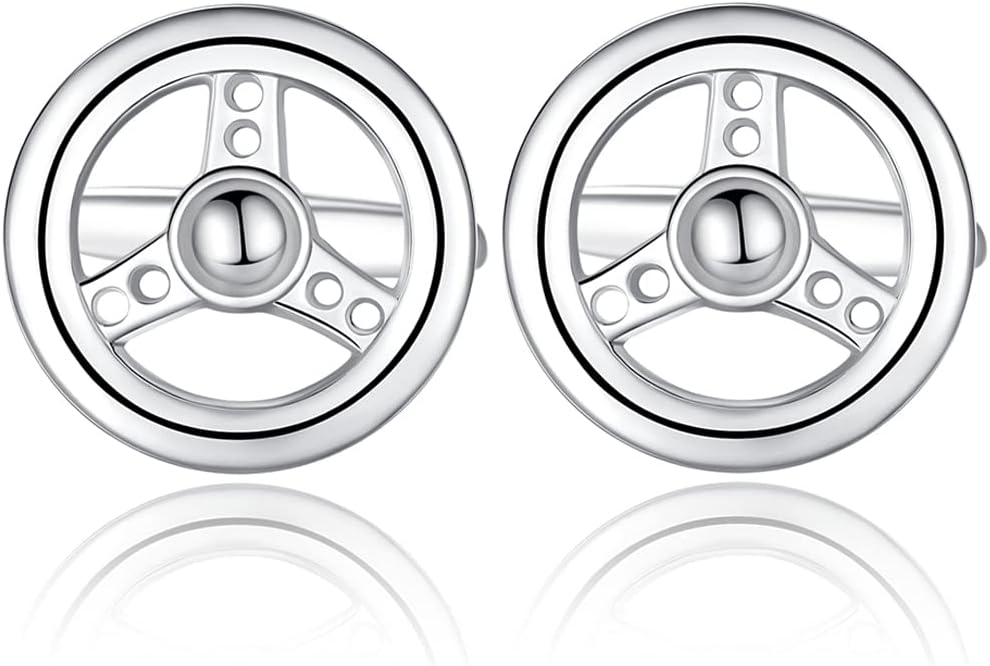 HONEY BEARCar Steering Wheel Novelty Cufflinks for Men Stainless Steel Round Retro, Christmas Cuff links Gift Silver