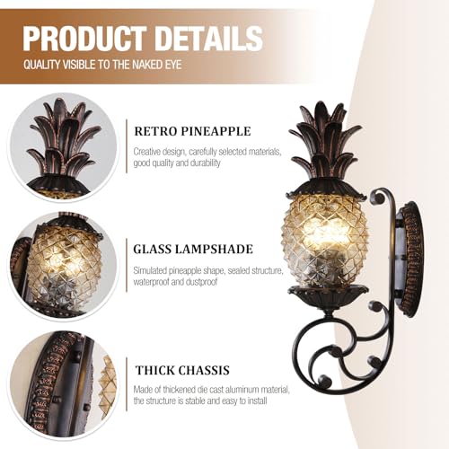 Image of Pineapple Outdoor Wall Sconce, 3-Light E12 Candelabra Base, Waterproof Aluminum Porch Light with Clear Diamond Glass, Tropical Coastal Wall Lamp for Entryway, Patio, Front Door