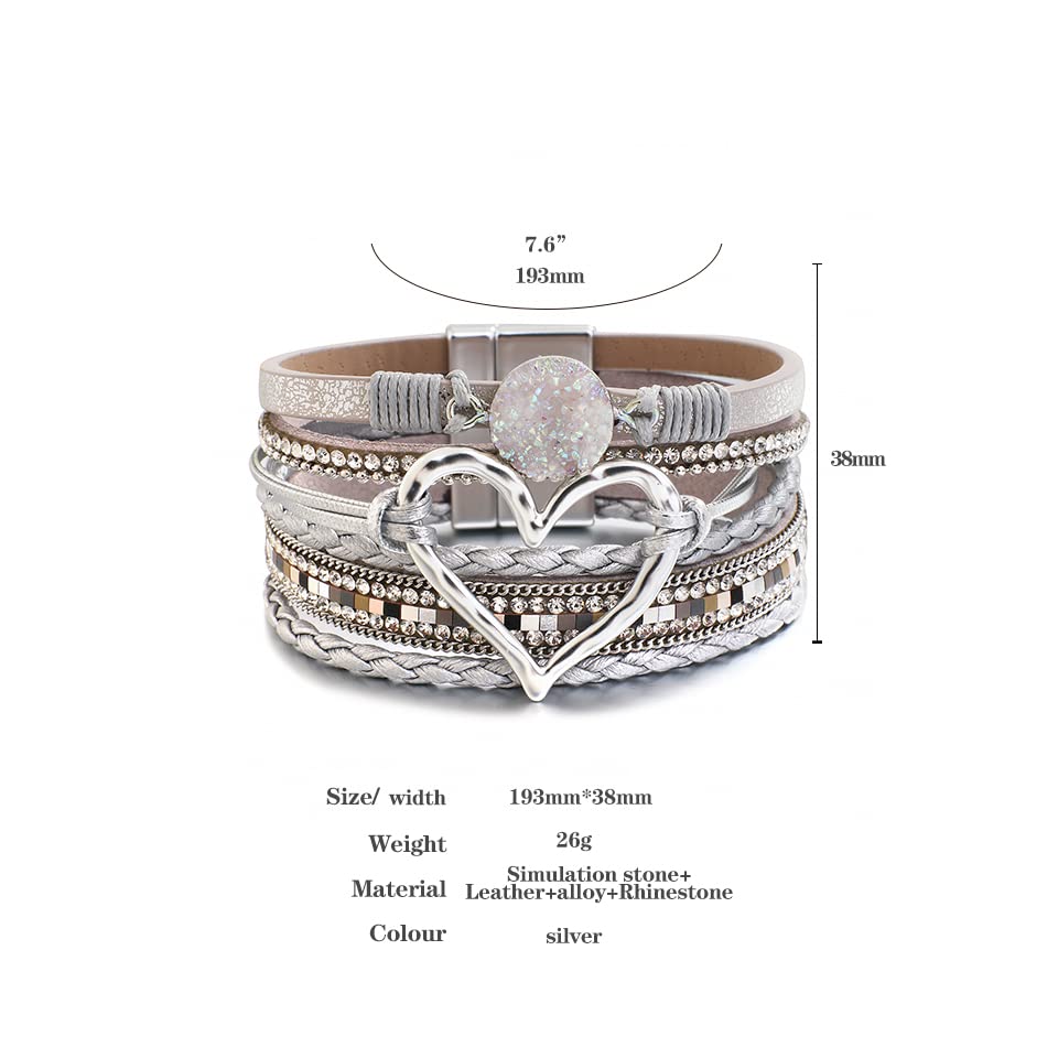 Leather Wrap Bracelet for Women Beaded Cuff Bracelet with Heart-shape Decor Bohemian Crystal Bracelet Jewelry with Clasp Bangle Bracelet for Women Girls Birthday Holiday Gift2