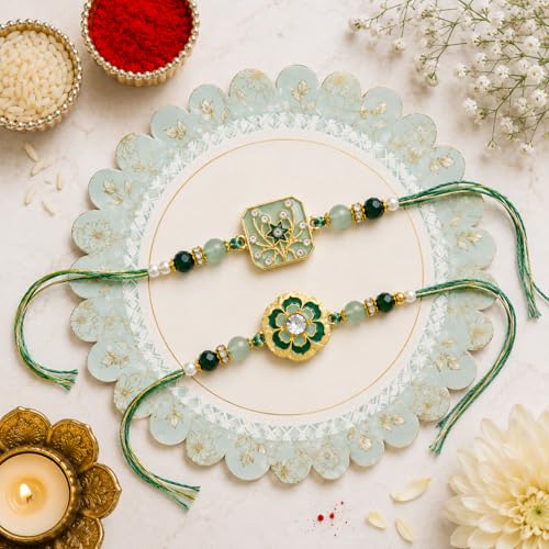 Image of Jaipur Ace Rakhi Gift Hamper for Bhaiya Bhabhi with Silver Plated Bowl Set, Pooja Thali, 2 Designer Rakhis, Roli Chawal, Raksha Bandhan Gift Set for Brother Bhabhi, Premium Rakhi Combo with Red Velvet Box