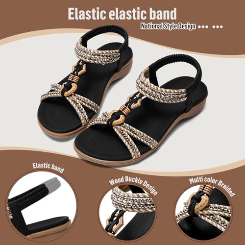 Littleplum Womens Sandals Arch Support Summer Flat Slides Ankle Elastic Walking Shoes Braided Beach Dressy Sandals for Women
