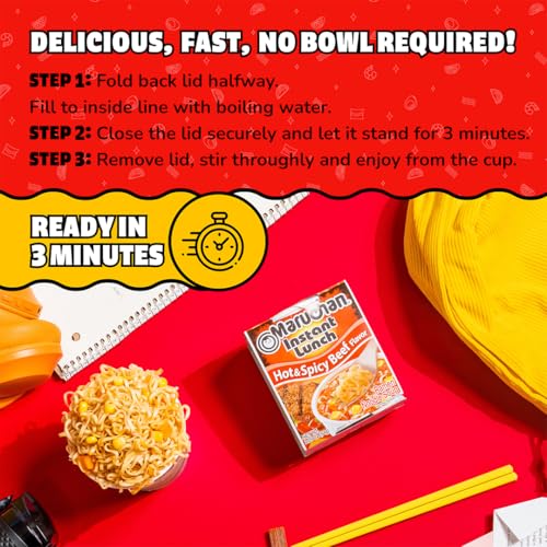 Image of Maruchan Instant Lunch Ramen Noodles, Hot & Spicy Beef Flavor - Japanese-Style Instant Noodle Soup, Easy Meal Ready in 3 Minutes - 2.25 Oz. (12 Pack)