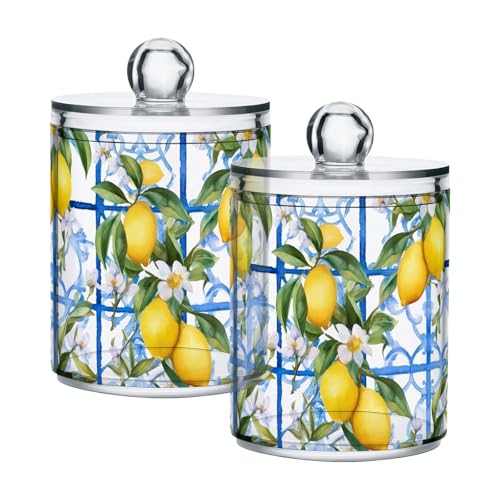 CHIFIGNO Juego de 2 dispensadores de limones y flores en acuarela, frascos de boticario de plástico transparente para bolas de algodón, hisopo, hilo dental, esponjas de maquillaje, clip para el