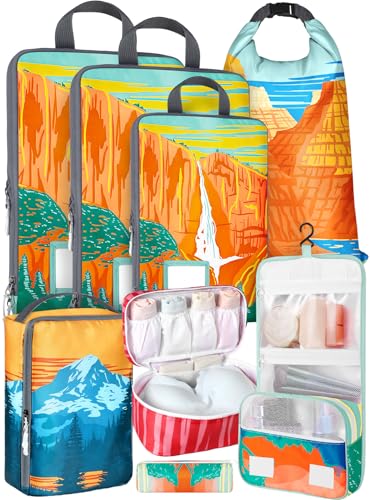 Miss Adola 8 Set Compression Packing Cubes for Travel Luggage Organizer Bags for Suitcases Cute Waterproof Lightweight Vacation Essenti Expandable Packing Bags for Women, Colorful Mountain