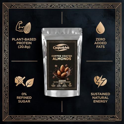 Image of Cooper & Avis Premium Coffee Coated Almonds (500g) - Mocha Infused Whole California Almonds | Gourmet Fusion Snack | 0% Refined Sugar & No Added Fats | Hand-Sorted King Grade Quality | Resealable Pouch
