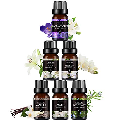 Lagunamoon Floral Set of 6 Fragrance Oils Gift Set, Parma Violet, Freesia, Lily, Rosemary, Jasmine, Vanilla Fragrance Oil for Candle Making, Soap Crafting, Bath Bombs, Diffuser, 10ML/Bottle