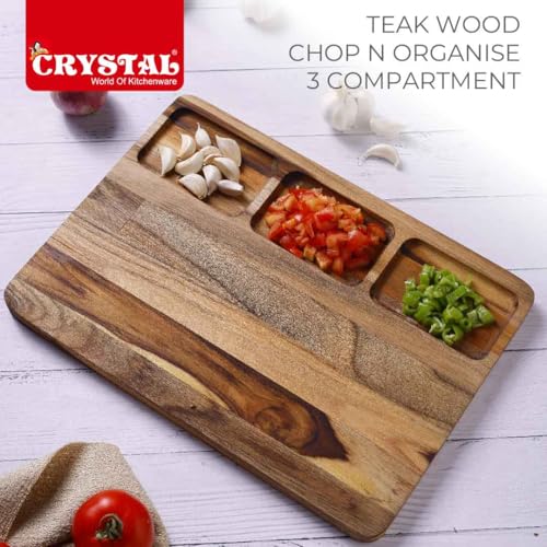 Image of Crystal Teak Wood Chopping Board with 3 Compartments | Chop & Organise | Perfect for Vegetables, Fruits & Bread | Large (35 * 25 * 1.8 Cm) | Handcrafted & Eco-Friendly Reversible Cutting Board
