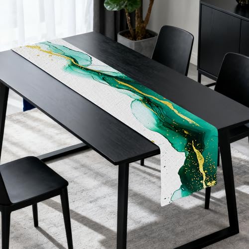 Image of Nuxovilar Teal Gold Fluid Table Runner Flax 13x72 in | Holiday Runner Flax Placemats Dining Accessories Set Artistic Dinner Room Space Area (Teal Gold Fluid)