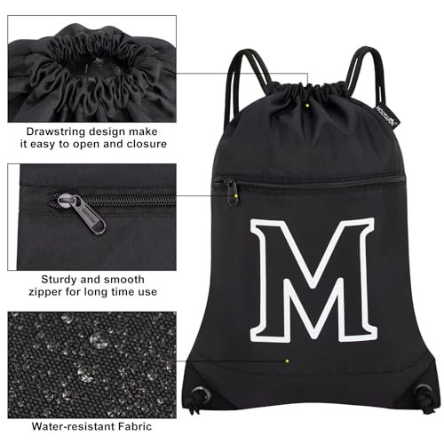 Image of HOLYLUCK Drawstring Bags Initial Backpack Sackpack Cinch Bags for Sports, Gym, Travel, Beach (Black-M)