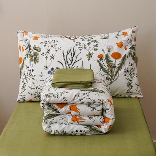 Image of Luxlovery Toddler Comforter Set Floral Botanical Kids Girls Green Leaves Bedding Set Bed Set for Dorm 4 Pieces (1 Comforter, 1 Flat Sheet, 1 Fitted Sheet, 1 Pillowcase)