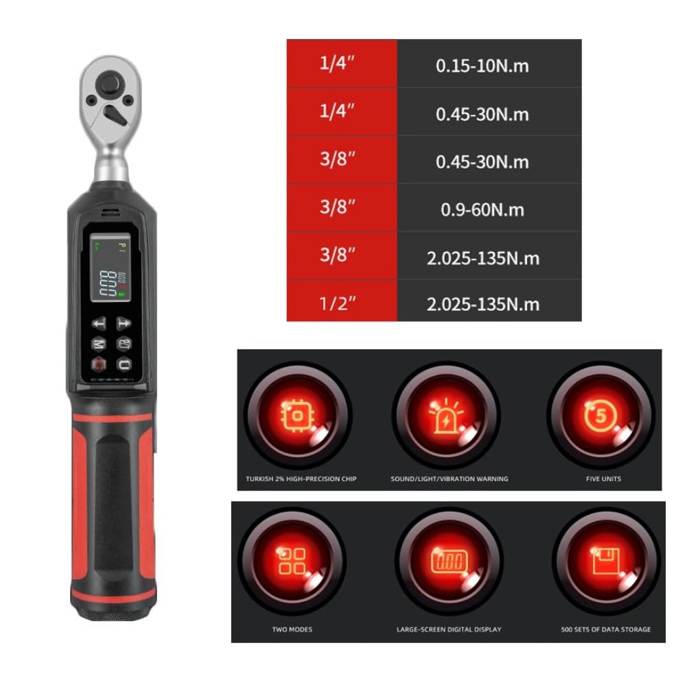 Llave dinamométrica digital de 1/4 3/8 1/2 pulgadas con zumbador de vibración y LED, 10-135N.para llave electrónica m, 9 modos preestablecidos, modo pico/pista, registro de datos de coche