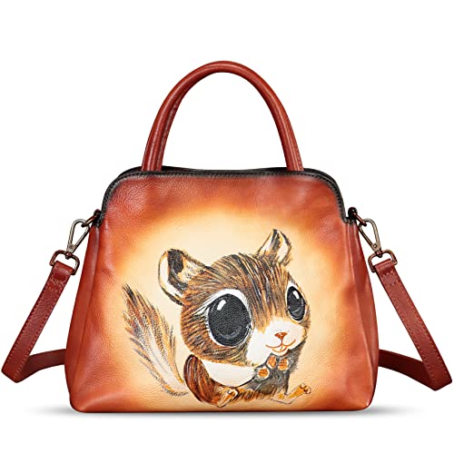 Image of Genuine Leather Handbag for Women Hand Painted Leather Top Handle Satchel Handmade Crossbody Purse