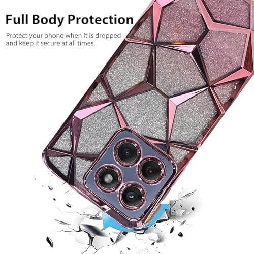 Image of VONZEE Gradient Glitter Case for Moto Edge 60 Fusion, Luxury Electroplated 3D Cube, Diamond Bling Shiny Soft TPU Clear Shockproof Women Girls Protective Phone Cover (Rose Gold)