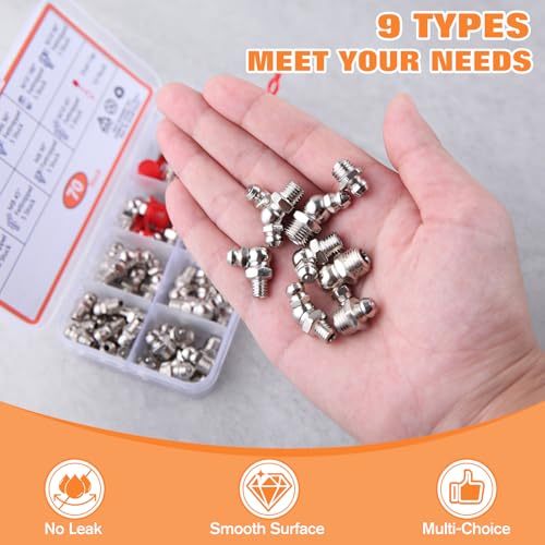 Image of 70 PCS Metric Hydraulic Grease Fittings Assortment, M6 M8 M10 Straight 45 90 Angled Zerk Grease Fitting with Cap, Galvanized Steel Grease Zerk Kit for Bearing Housing Mechanical Lubrication
