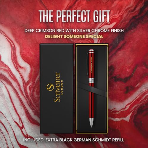 Image of Scriveiner Personalized Deep Crimson Red Ballpoint Pen - Stunning Red Lacquer Luxury Pen with Chrome Finish, Schmidt Ink Refill, Engraved Ball Point Gift Set for Men & Women, Custom Engraving
