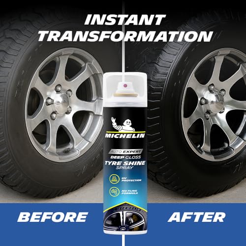 Image of Michelin Tyre Shine Polish for Car 400ml | Instant Deep Black Gloss for Tyres & Plastic Parts with UV-Protection | Restores Faded Surfaces & Prevents Premature Ageing | Long-Lasting Non-Greasy Shine