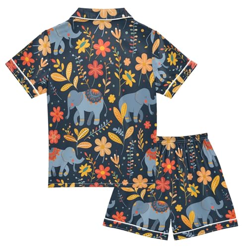 ALAZA Elephant Flower Floral Print Pajamas Satin Pajama Set Short Sleeve Button Down Sleepwear2