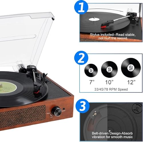 Mersoco Bluetooth Record Player Belt-Driven 3-Speed Turntable, Vintage Vinyl Record Players Built-in Stereo Speakers, with Headphone Jack/Aux Input/RCA Line Out, Wooden - Image 4