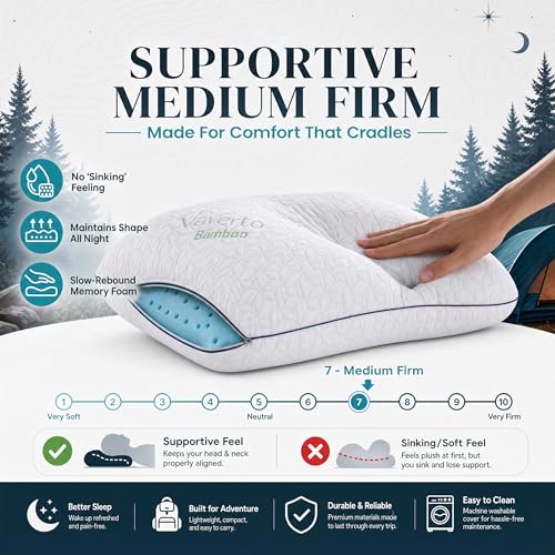 Image of Vaverto Small Memory Foam Bed Pillow for Camping - 2 Pack -Compressible Medium Firm, Breathable Cover, Machine Washable, Ideal Backpacking