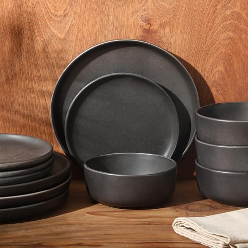 Image of Gibson Elite Pasco 12 Piece (Service for 4) Plates and Bowls Reactive Glaze Dishes Stoneware Ceramic Dinnerware Set - Black