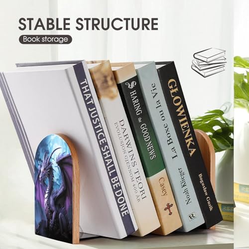 Sujetalibros de madera con dragón morado y luna para estanterías 8