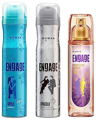 Image of Engage W2 Perfume Spray For Women, 120ml & Spell Deodorant For Women, Citrus & Fruity, Skin Friendly, 150ml & Drizzle Deodorant For Women, Floral & Lavender, Skin Friendly, 150ml