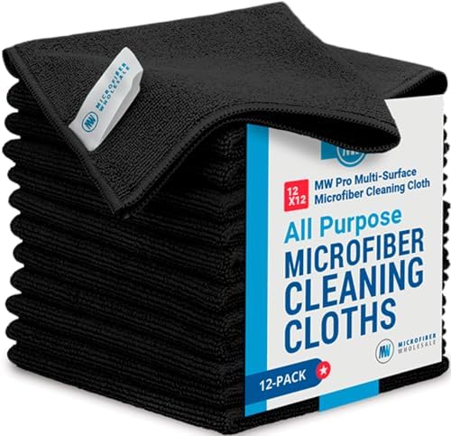Microfiber Wholesale 12" x 12" Buff Pro Multi-Surface Cleaning Cloths | Black - 12 Pack | Premium Towels for Cleaning Glass, Kitchens, Bathrooms, Automotive, Supplies & Products