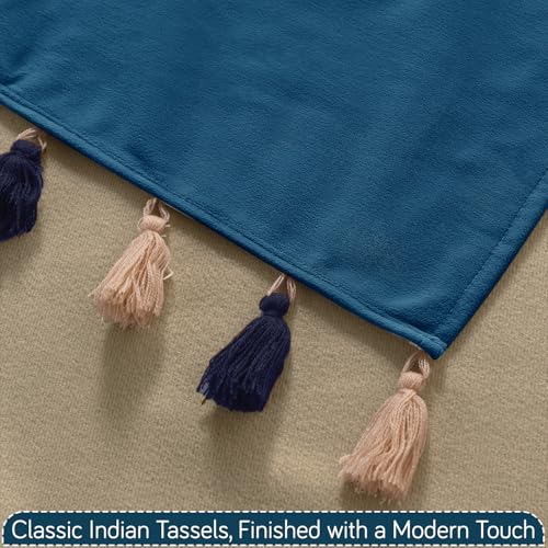 Image of HOKIPO Sofa Cover Mat with Tassel for 1 /2 /3 Seater & L Shape Sofa | DIY Sofa Cover Set | Dyed Holland Velvet | 'TasselTone Series' 70(W) x 90(L) cm |Sea Blue (IN-1105-BL)