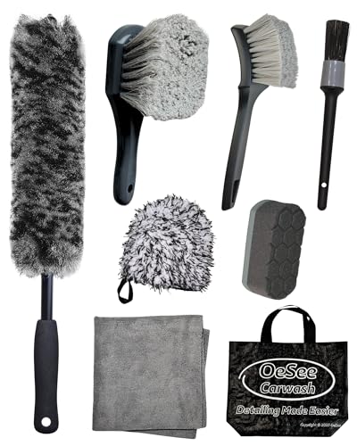 oesee 8PCS Pro Wheel Cleaning Kit - Woolies Brushes, Detailing Brush, Tire Brush, Wash Mitt, Drying Towel & Carry on Bag - Scratch-Free Rim Cleaning Kit