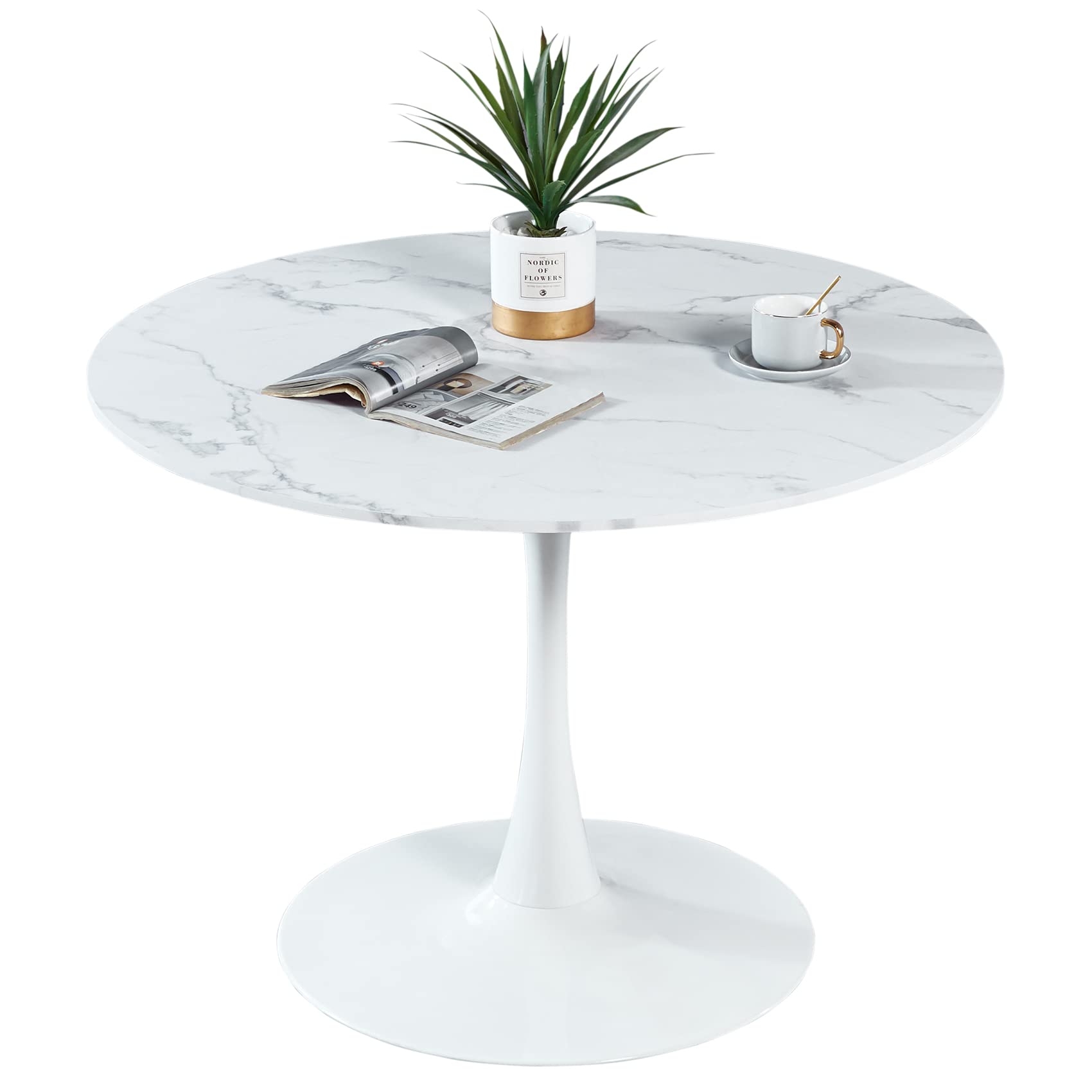 ***ONLY BOX 1 OF 3***42 inch White Faux Marble Round Pedestal Table, Mid Century Modern Circle Table for Dining Room Conference