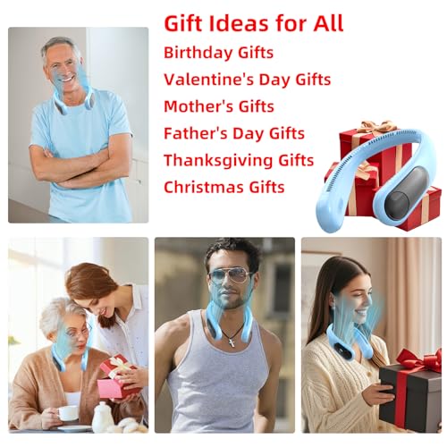 Image of Portable Neck Fan, Personal Wearable Bladeless Fan for Outdoor Indoor, LED Display, 360 Cooling, 4-Speeds, 6000mAh USB Rechargeable, Birthday Gifts for Men Women Dad Mom (Light blue)