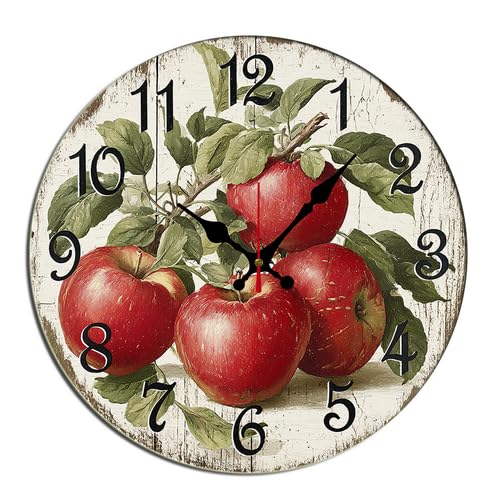 Horienteeon Reloj de pared de frutas de manzana, de madera, decorativo, silencioso, sin tictac, funciona con pilas, rústico, para cocina, sala de estar, dormitorio, oficina, redondo, 12 pulgadas