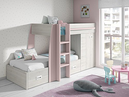 LIQUIDATODO ® - Litera tren moderna y barata de 273 cm en color blanco nordic y rosa nube