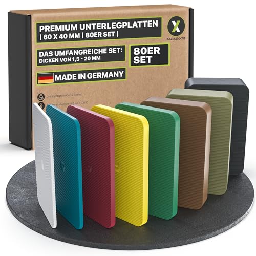 INNONEXXT® Premium Unterlegplatten | 60 x 40 mm, 80 Stk Mix | Abstandshalter, Plättchen aus Kunststoff, Unterlegklotz, Distanzhalter | Tragfähigkeit bis 16 t | Set je 10x 1.5,2,3,4,5,10,15,20 mm