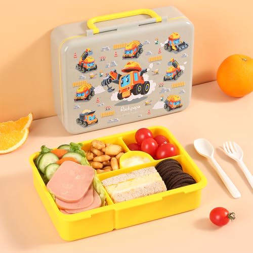 Image of rockpapa 5.5 Cups Bento Lunch Box for Kids, 5-Compartment, Constr Trucks
