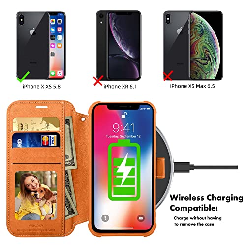 Vanavagy Wallet Case For Iphone X/Iphone Xs/Iphone 10 4G For Women And Men,Rfid Flip Leather Cover With Wrist Supports Wireless Charging With Card Holder And Screen Protector,Burnt Orange #TOP1