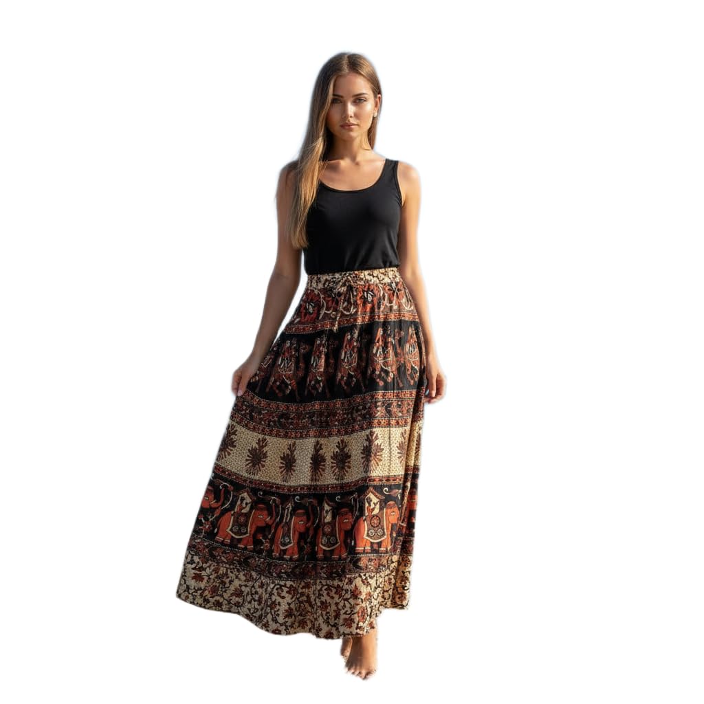 Nandini Arts Mudrika Fashions Women's Cotton Sanganeri Print Skirt,Hand Block Rajasthani Elastic Skirt-picture-48
