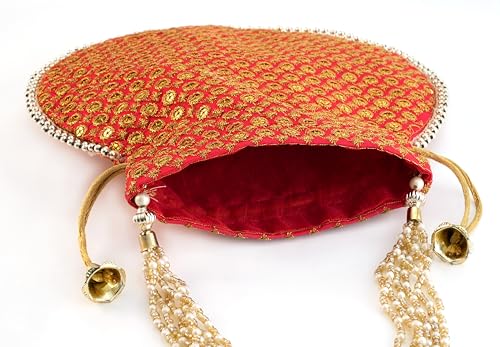 Image of Potli Bag Golden work wedding potli for ladies Gift for women handbags traditional Indian Wristlet with Drawstring Ethnic Embroidery Fashion Potli.